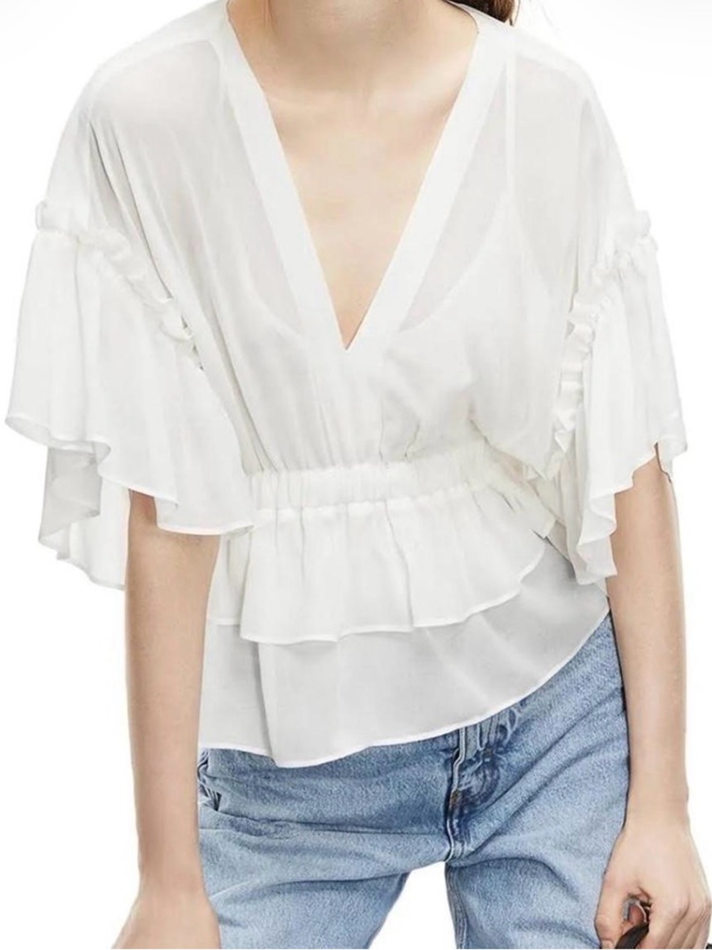 The Kooples White Ruffle V-Neck Blouse size 2